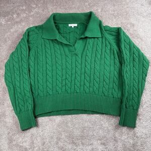 Green Cable Knit Sweater Size L V-neck Collared Cropped Dopamine Bold Bright